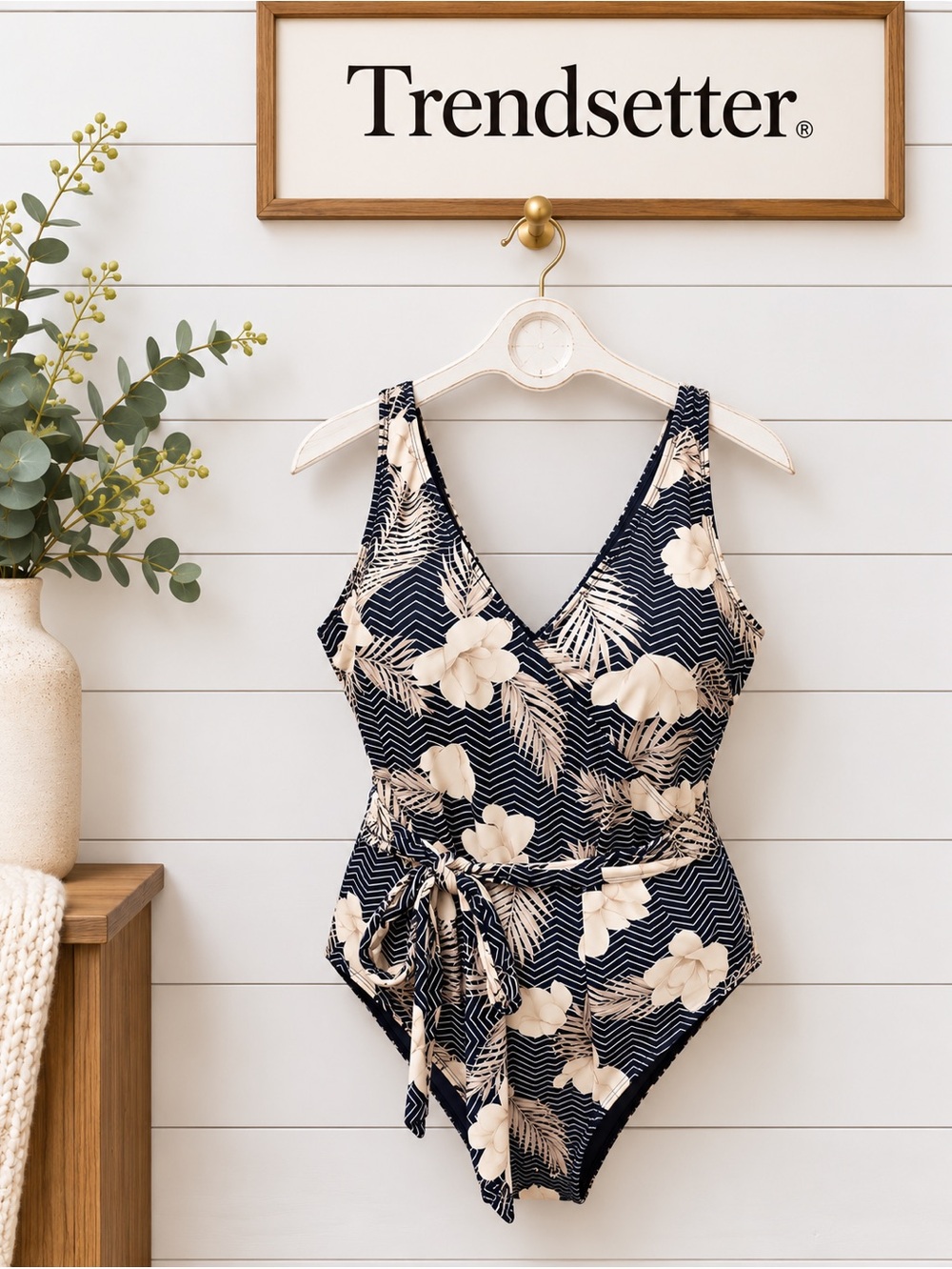 TRENDSETTER Navy Blue Floral One-Piece Swimsuit Size 18